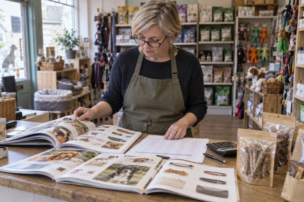 A pet shop owner comparing supplier catalogues and a price list at the shop counter