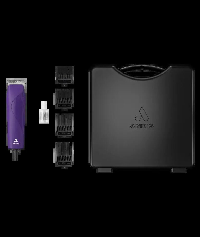 Purple Andis clipper kit with attachment combs, oil and black carry case