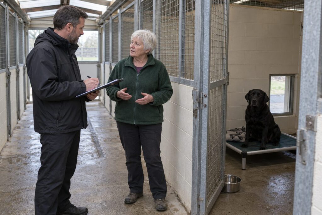 A licensing inspector talking with a kennel owner in a boarding kennel block