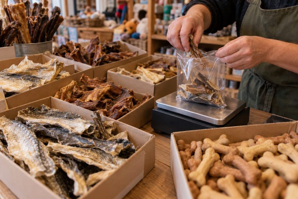 Natural dog chews being weighed into bags from trade cases at a pet shop counter