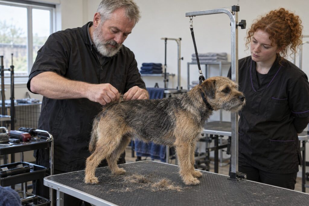 A grooming instructor showing a student how to hand-strip a border terrier