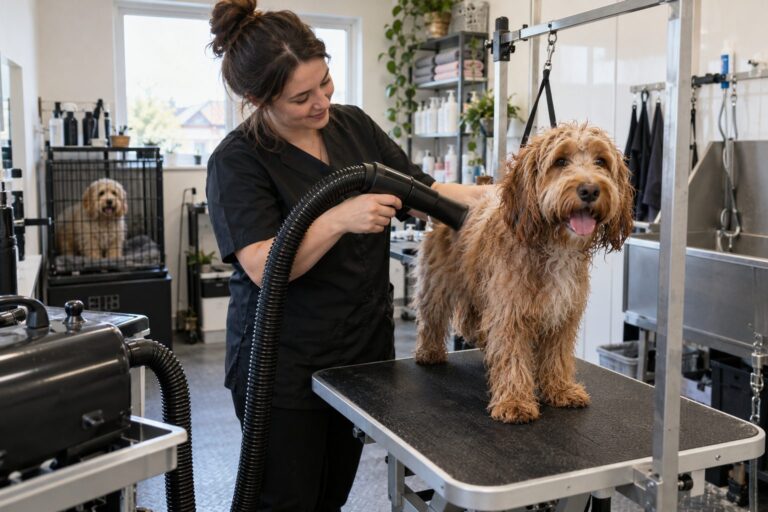 A groomer drying a dog on a grooming table in a salon