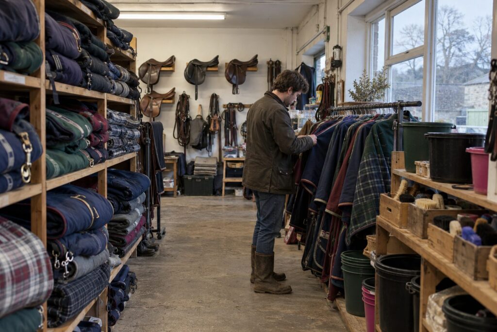 Horse rugs, saddles and grooming kit in a saddlery shop
