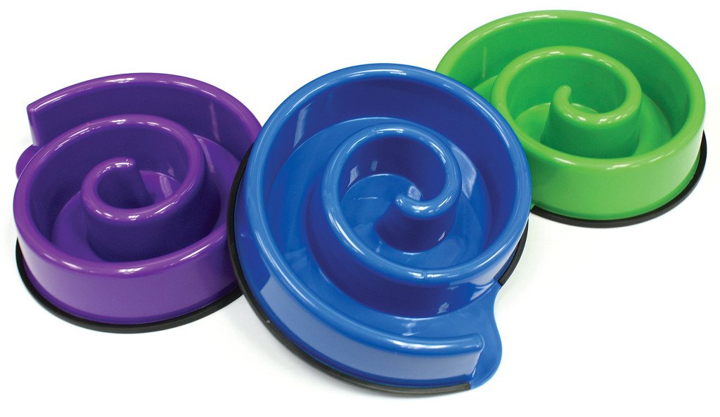 Purple, blue and green spiral slow-feeder pet bowls