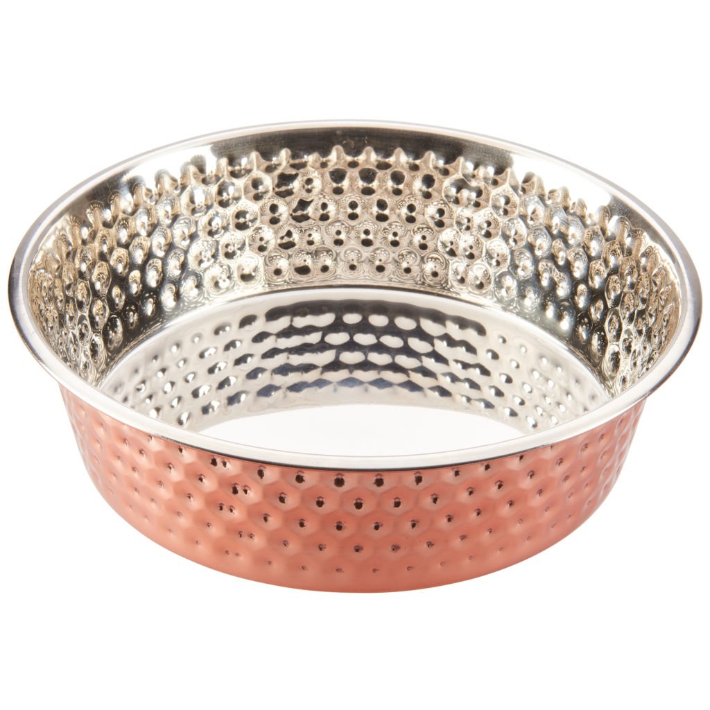 Hammered stainless steel pet bowl with copper-coloured exterior