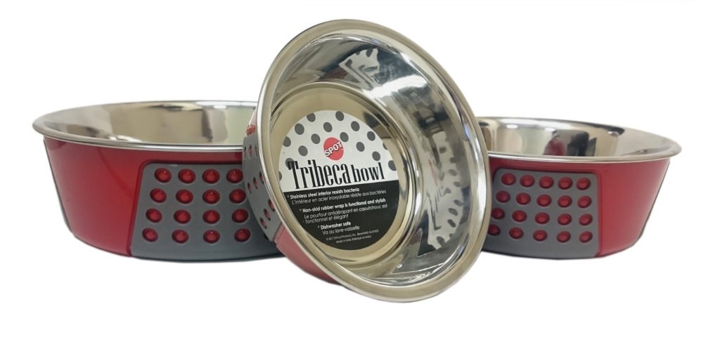 Red and grey Tribeca stainless steel pet bowls, one with label