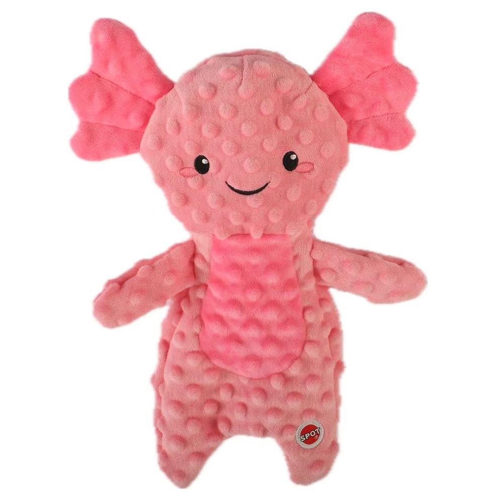 Pink textured axolotl plush dog toy with SPOT tag