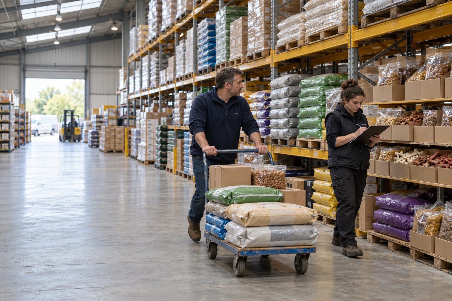 A pet shop owner collecting stock from a pet trade wholesaler's warehouse