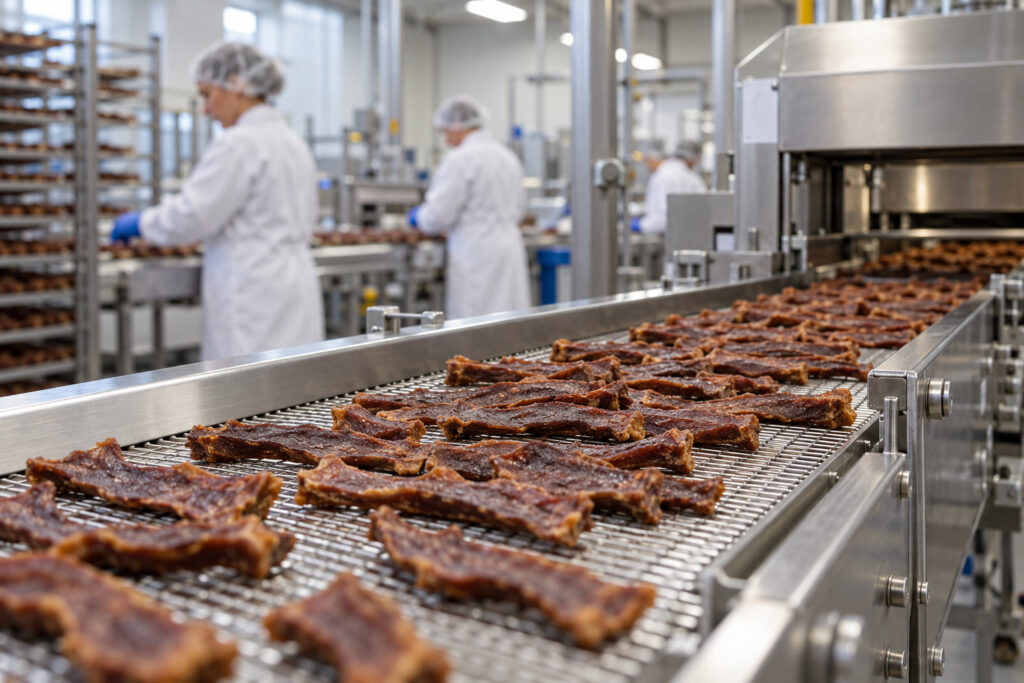 Dog treats on a conveyor in a pet treat factory