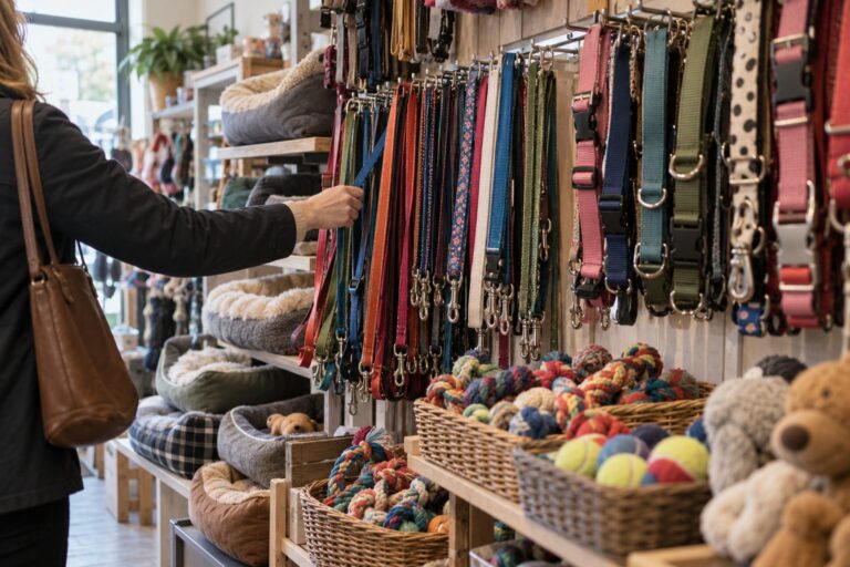 Dog leads, collars, beds and toys on a pet shop accessories wall