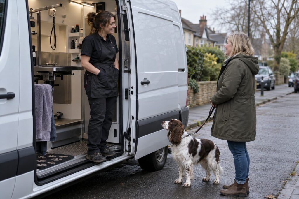 A mobile dog groomer talking with a customer beside a grooming van