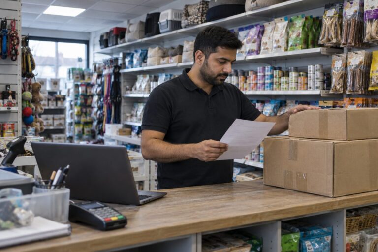 A pet shop owner checking a delivery note at the shop counter
