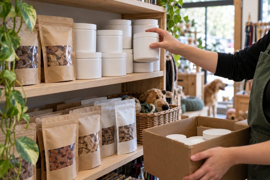 Unbranded pet supplement tubs being restocked on a pet shop shelf from a trade case