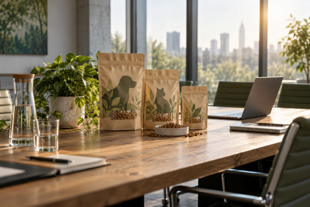 Kraft paper pet food pouches on a boardroom table