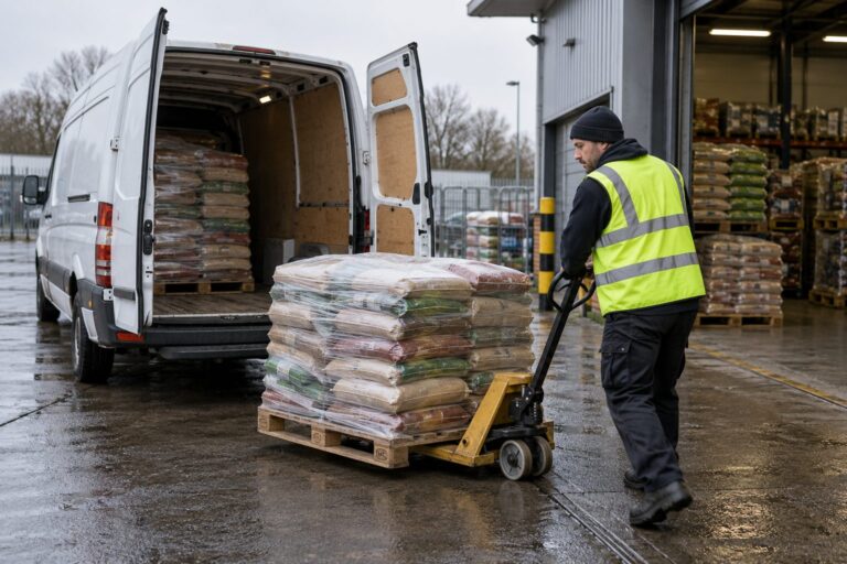 A driver loading a pallet of pet food into a delivery van at a distribution depot