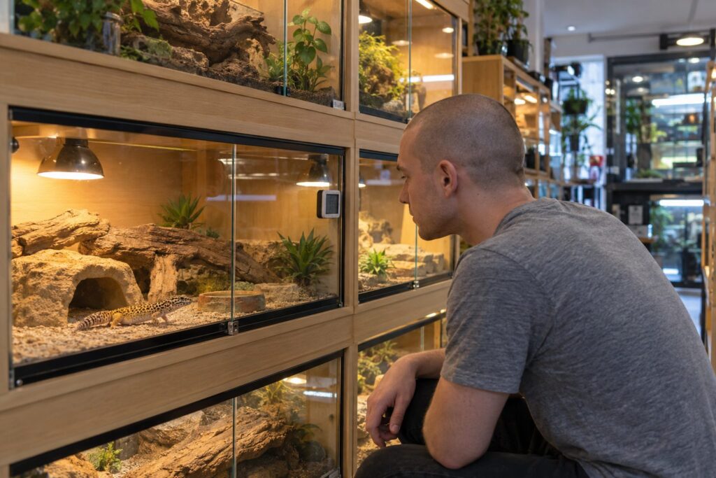 Checking the temperature of a gecko vivarium in a reptile shop