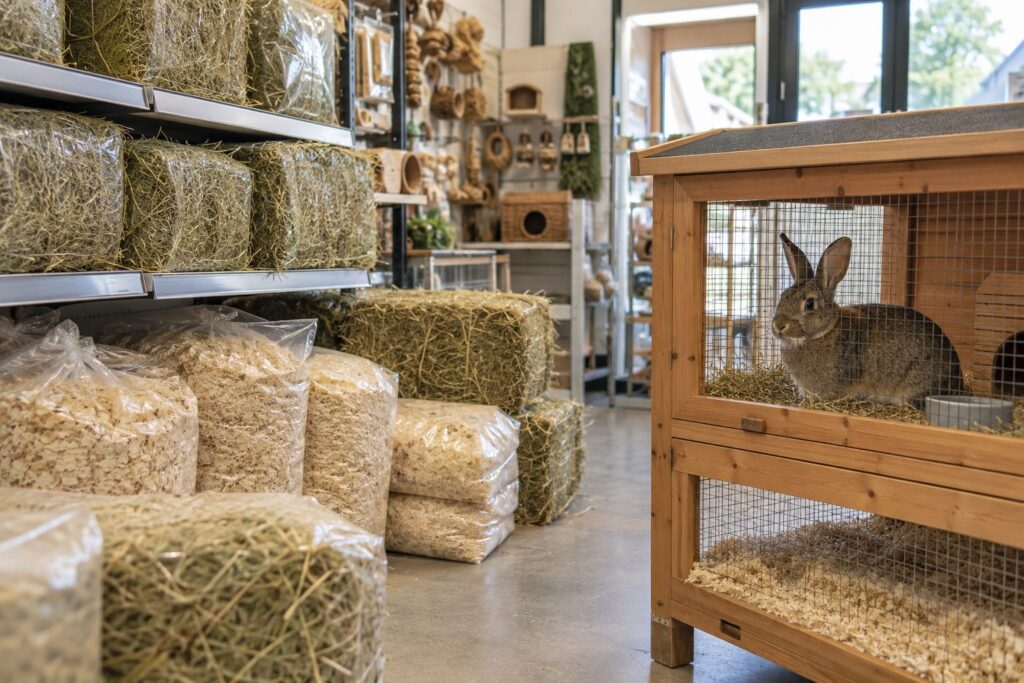 Hay, wood shavings and a rabbit hutch in a pet shop small animal section