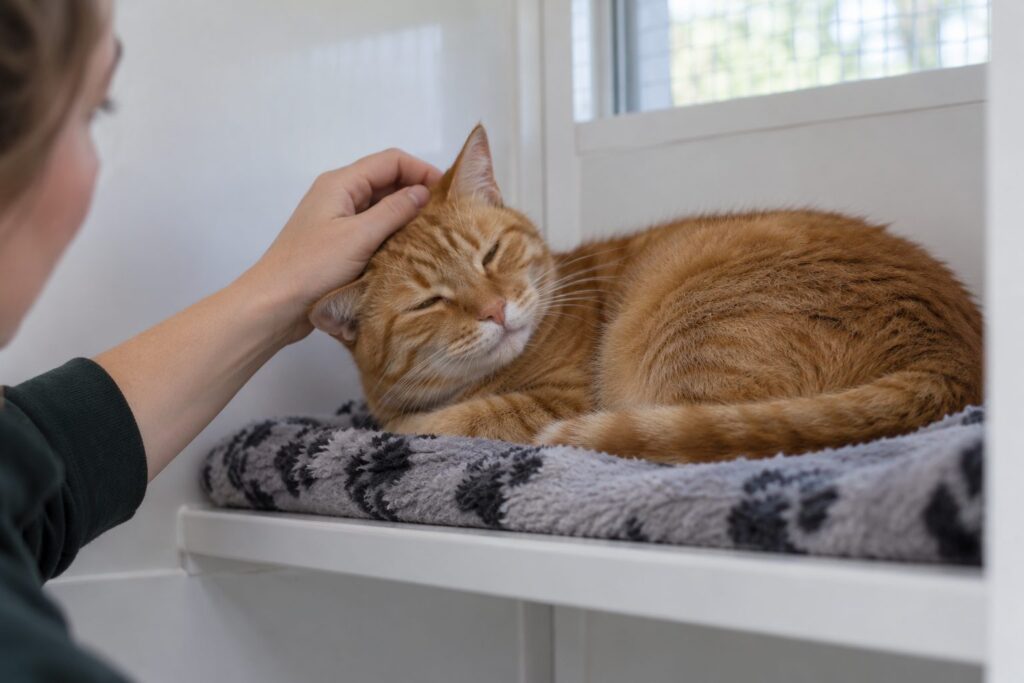 A boarded cat resting on a raised shelf bed in a cattery sleeping unit