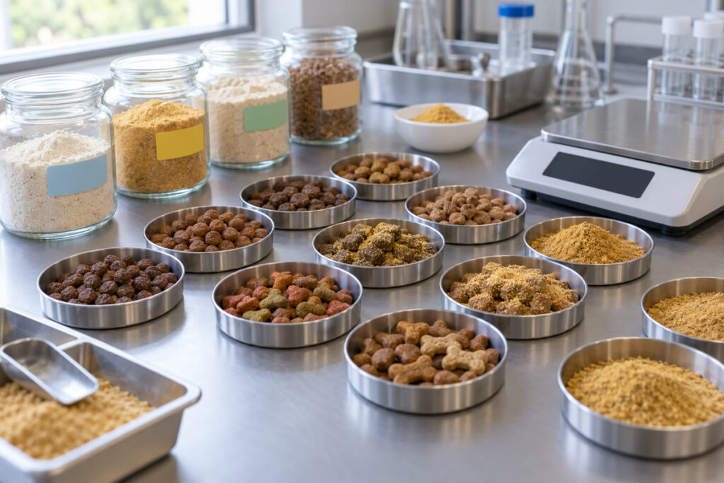 Kibble and ingredient samples in steel dishes on a pet food laboratory bench
