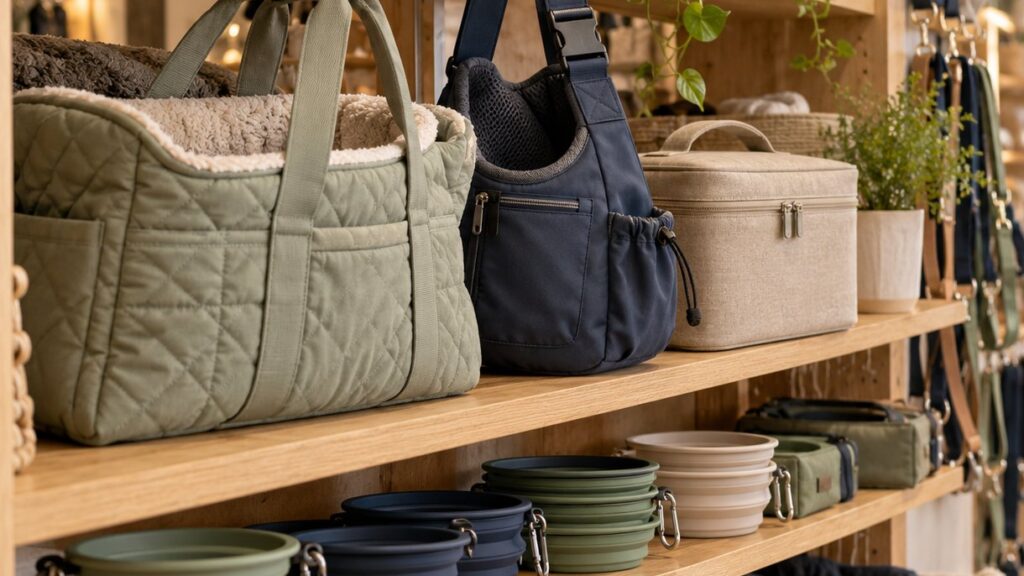 Dog carrier tote, walking sling and collapsible travel bowls on a pet shop shelf
