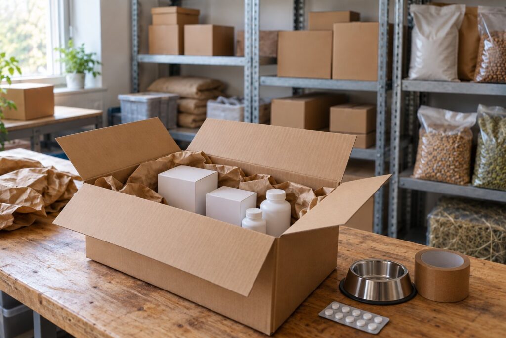 Animal health products being packed for dispatch in a pet shop stockroom